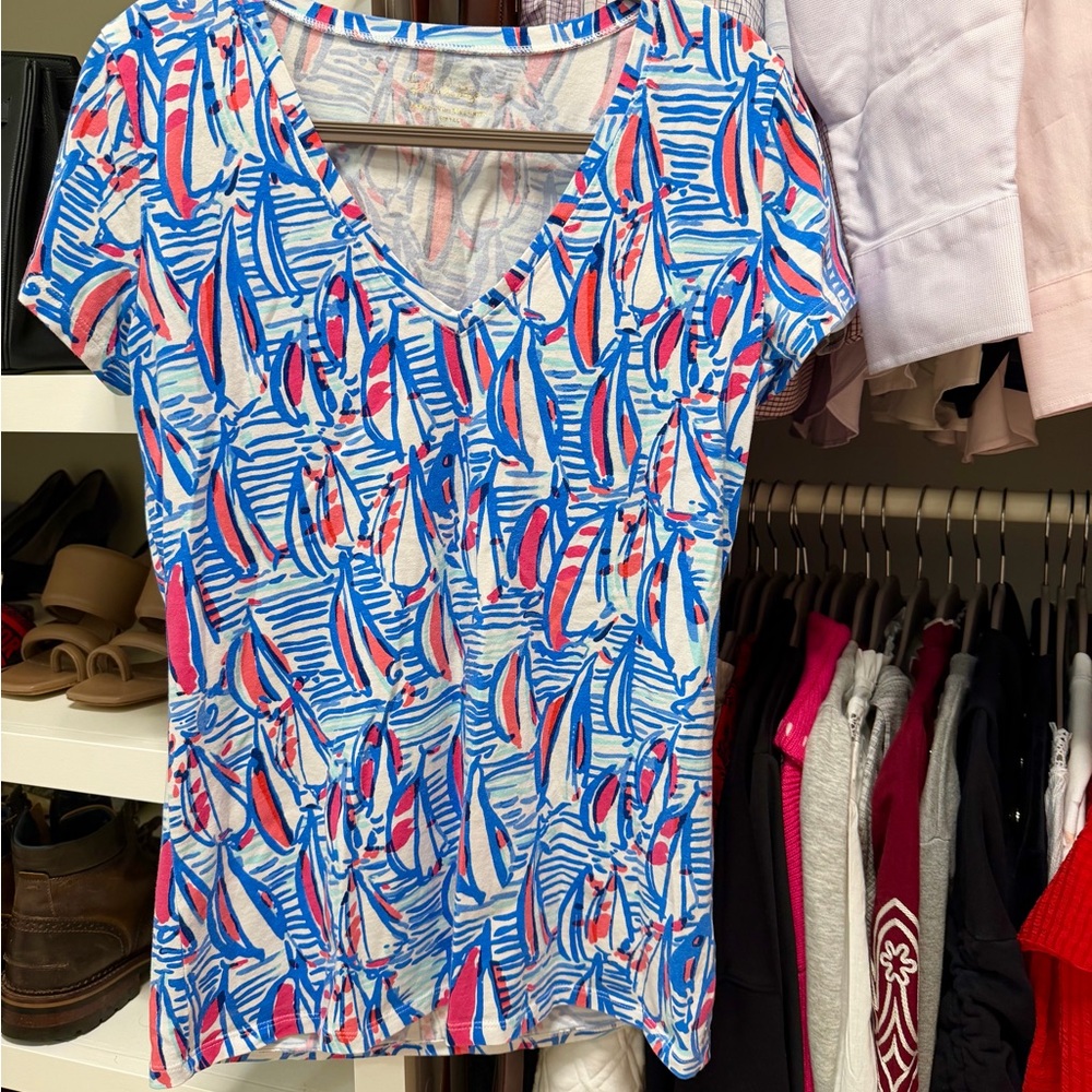 Lilly Pulitzer Blue Pink Women's Top S Michele Shirt You Gotta Regatta Sailboat